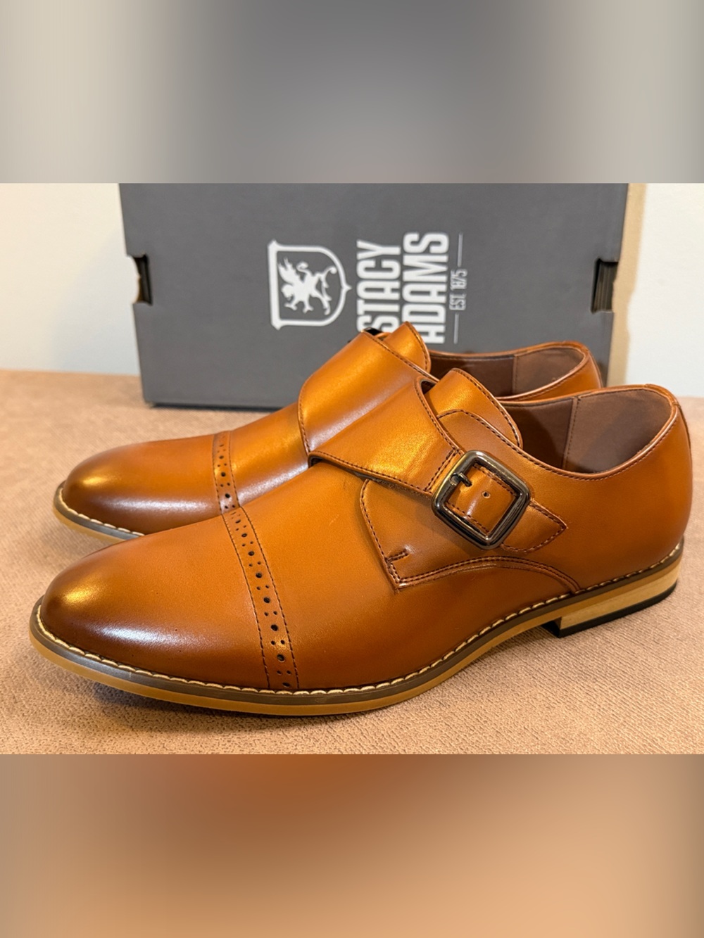 Stacy Adams Boy’s Desmond Cognac Cap Toe Monk Strap Dress Shoes Size 6M With Box - Picture 5 of 10